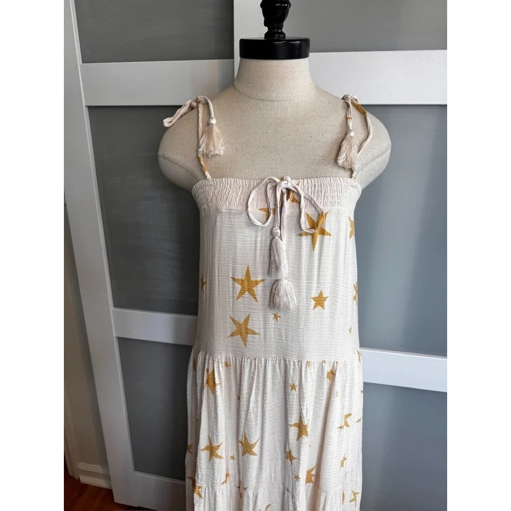 Storia Gold Star Midi Sun Dress Cream Tie Shoulder Smocked Tiered XS Guaze